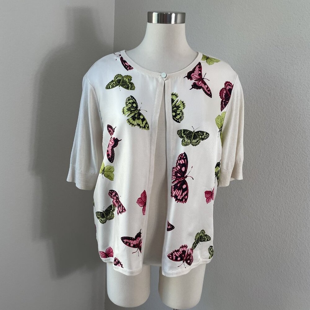 Talbots White Cardigan with Pink and Lime Green Butterfly Print